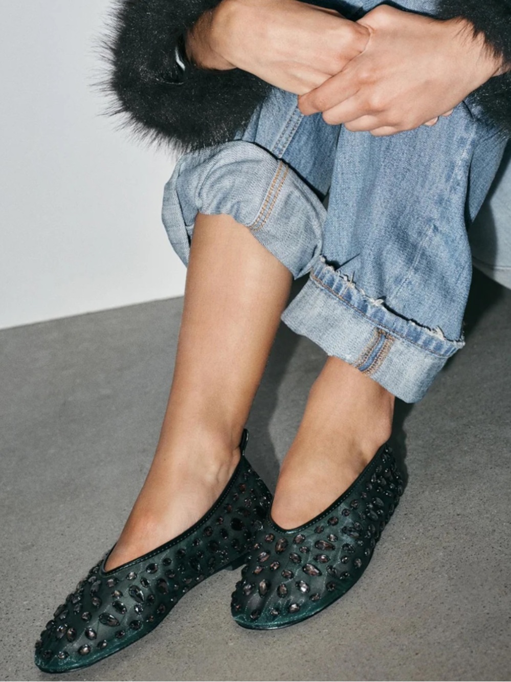 Zara Green Studded Leather Flats